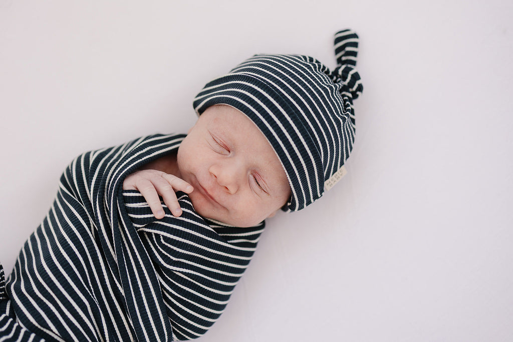Navy Stripes Ribbed Bamboo Newborn Knot Hat